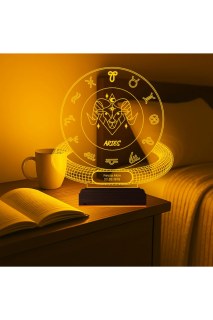 Koç Burcu Aries kişiye özel 3D LED lamba, lazer kazımalı pleksiglas ve ahşap kaideli masa gece lambası
