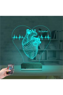Kalp doktoru cerrah temalı kişiye özel 3D LED masa gece lambası, lazer kazımalı pleksiglas ve ahşap kaide ile