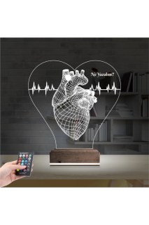 Kalp doktoru cerrah temalı kişiye özel 3D LED masa gece lambası, lazer kazımalı pleksiglas ve ahşap kaide ile