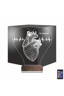 Kalp doktoru cerrah temalı kişiye özel 3D LED masa gece lambası, lazer kazımalı pleksiglas ve ahşap kaide ile