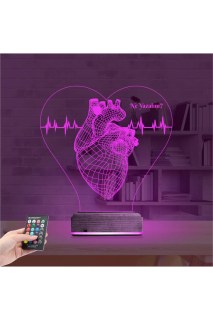 Kalp doktoru cerrah temalı kişiye özel 3D LED masa gece lambası, lazer kazımalı pleksiglas ve ahşap kaide ile