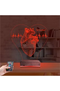 Kalp doktoru cerrah temalı kişiye özel 3D LED masa gece lambası, lazer kazımalı pleksiglas ve ahşap kaideli