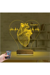 Kalp doktoru cerrah temalı kişiye özel 3D LED masa gece lambası, lazer kazımalı pleksiglas ve ahşap kaide ile