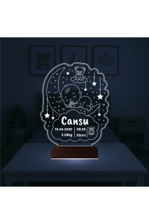 Bebek odası için kişiye özel ay, ayıcık ve yıldız motifli 3D LED masa gece lambası