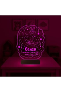 Bebek odası için kişiye özel ay, ayıcık ve yıldız desenli 3D LED masa gece lambası