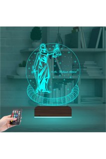 Adalet temalı kadın hukuk avukatına özel kişiselleştirilebilir 3D LED masa gece lambası, ahşap kaideli