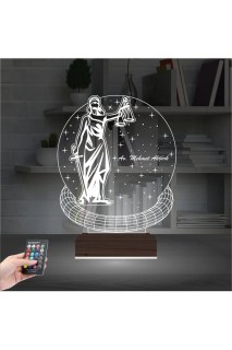 Adalet temalı kadın hukuk avukatına özel kişiselleştirilebilir 3D LED masa gece lambası, ahşap kaideli