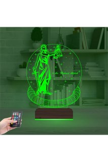 Adalet temalı kadın hukuk avukat için kişiye özel 3D LED illüzyon masa gece lambası, ahşap kaideli ve uzaktan kumandalı