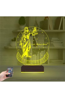 Adalet temalı kadın hukukçu için kişiye özel 3D LED illüzyon masa gece lambası, ahşap kaideli ve çok renkli ışık seçenekli