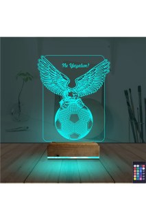 Kartal futbol topu tasarımlı kişiye özel 3D LED masa lambası, ahşap kaideli ve 16 renk seçenekli gece lambası