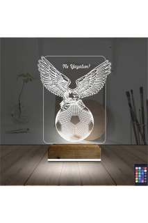 Kartal futbol topu tasarımlı kişiye özel 3D LED masa lambası, ahşap kaideli ve 16 renk seçeneğiyle gece lambası