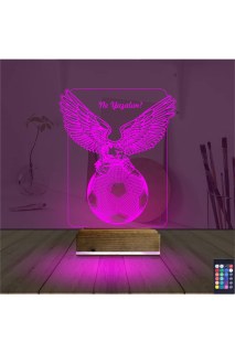 Kartal futbol topu tasarımlı kişiye özel 3D LED masa lambası, ahşap kaideli ve 16 renk seçeneğiyle gece lambası