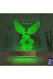 Kartal futbol topu tasarımlı kişiye özel 3D LED masa lambası, ahşap kaideli ve 16 renk seçenekli gece lambası
