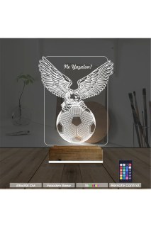 Kartal futbol topu tasarımlı, kişiye özel 3D LED masa lambası, ahşap kaideli ve 16 renk seçenekli gece lambası