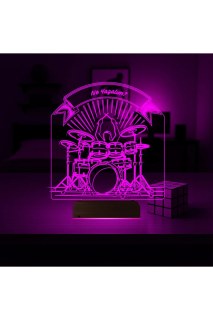 Baterist temalı kişiye özel 3D LED masa ve gece lambası, lazer kazınmış isim ve anılarla, 16 renk seçenekli ahşap kaideli
