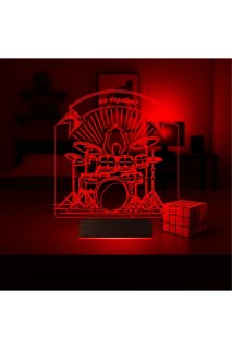 Baterist temalı kişiye özel 3D LED masa ve gece lambası, lazer kazınmış isim ve anılarla, 16 renk seçenekli ahşap kaideli