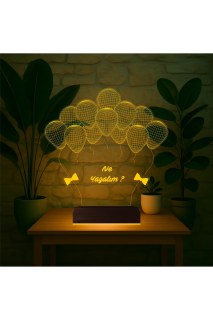 Doğum günü için kişiye özel 3D LED illüzyon masa lambası, lazer kazımalı isim ve tarih, ahşap kaideli gece lambası