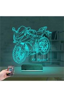Motorsiklet yarış motoru temalı kişiye özel 3D LED masa gece lambası, lazer kazımalı pleksiglas ve ahşap kaide ile
