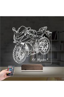 Motorsiklet yarış temalı kişiye özel 3D LED masa gece lambası, lazer kazınmış isim ve tarihlerle kişiselleştirilebilir.