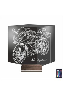 Motorsiklet yarış temalı kişiye özel 3D LED masa gece lambası, lazer kazımalı pleksiglas ve ahşap kaide ile