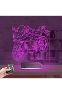 Motorsiklet yarış motoru temalı kişiye özel 3D LED masa gece lambası, lazer kazımalı pleksiglas ve ahşap kaide ile