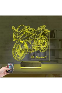 Motorsiklet yarış motoru temalı kişiye özel 3D LED masa gece lambası, lazer kazımalı pleksiglas ve ahşap kaide