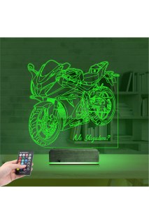 Motorsiklet yarış motoru temalı kişiye özel 3D LED masa gece lambası, lazer kazımalı pleksiglas ve ahşap kaide