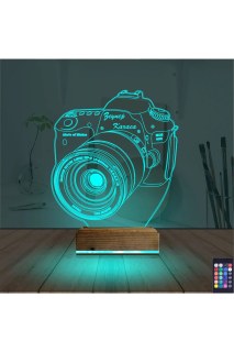 Fotoğraf makinesi tasarımlı kişiye özel 3D LED illüzyon masa gece lambası, ahşap kaideli ve 16 renk seçenekli