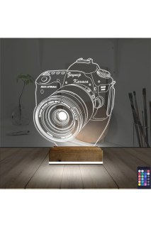 Kişiye özel lazer kazımalı fotoğraf makinesi temalı 3D LED masa gece lambası, ahşap kaideli, 16 renk seçenekli