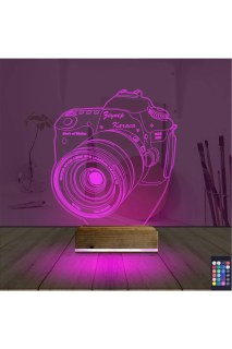 Kişiye özel lazer kazımalı fotoğraf makinesi temalı 3D LED masa gece lambası, ahşap kaideli dekoratif aydınlatma