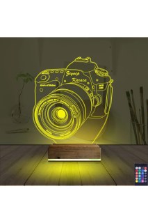 Kişiye özel lazer kazımalı fotoğraf makinesi temalı 3D LED masa gece lambası, ahşap kaideli dekoratif aydınlatma