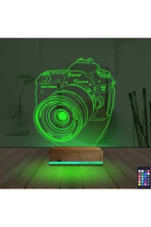 Kişiye özel lazer kazımalı fotoğraf makinesi temalı 3D LED masa gece lambası, doğal ahşap kaideli