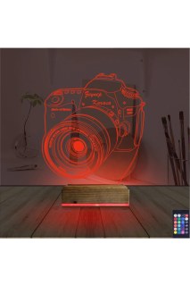 Kişiye özel lazer kazımalı fotoğraf makinesi temalı 3D LED masa gece lambası, ahşap kaideli dekoratif aydınlatma