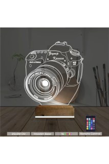 Kişiye özel lazer kazımalı fotoğraf makinesi temalı 3D LED masa gece lambası, ahşap kaideli dekoratif aydınlatma