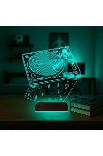 Dj Mixer temalı kişiye özel 3D LED masa gece lambası, lazer kazımalı pleksiglas ve ahşap kaideli dekoratif aydınlatma
