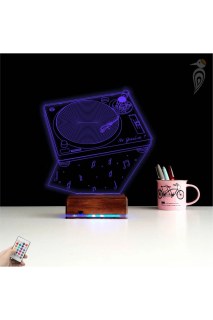 Dj Mixer temalı kişiye özel 3D LED illüzyon masa gece lambası, lazer kazımalı pleksiglas ve ahşap kaide ile