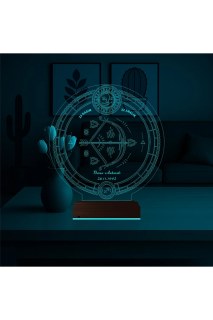 Astroloji Yay Burcu temalı kişiye özel 3D LED masa gece lambası, lazer kazımalı pleksiglas ve ahşap kaide