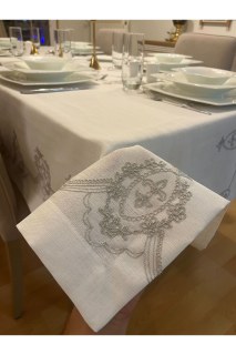 Grau bestickte, pflegeleichte Tischdecke in gebrochenem Weiß