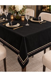 Schwarze Tischdecke mit Stickerei und Gold-Piko-Details in Leinenoptik - Sondermaßfertigung