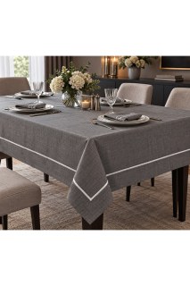 Tischdecke in Anthrazit mit Leinenoptik und Silber Piko-Details – Elegante und moderne Tischdecke