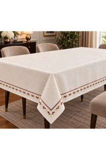 Zeren Motivstickerei und Bronze Piko Detail Creme Tischdecke - Sondermaßfertigung