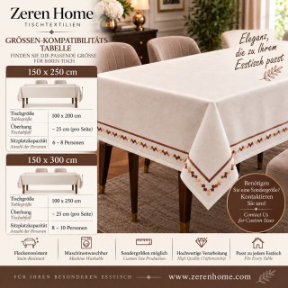 Zeren Motivstickerei und Bronze Piko Detail Creme Tischdecke - Sondermaßfertigung