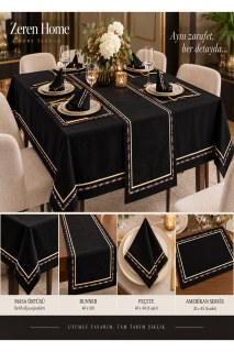 Schwarzes, knitterfreies Tischdecken-Set mit Leinenoptik, Stickerei und goldener Paspeldetail – 1 Läufer und 12 Servietten, Mit Geschenkbox