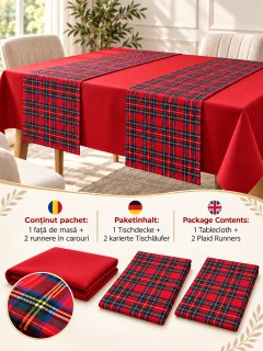 Zeren Home Rote Tischdecke und 2-teiliges Kariertes Läufer-Set – Weihnachts-Tischset