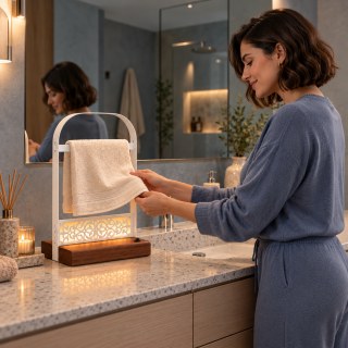 Pilli LED Işıklı El Havluluğu, Ahşap Tabanlı Ayaklı Banyo Havlu Standı - görsel 3