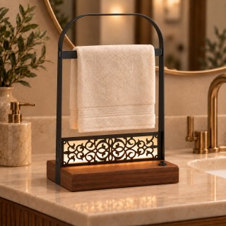 Pilli LED Işıklı El Havluluğu, Ahşap Tabanlı Ayaklı Banyo Havlu Standı - görsel 5
