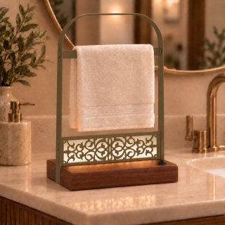 Pilli LED Işıklı El Havluluğu, Ahşap Tabanlı Ayaklı Banyo Havlu Standı - görsel 8