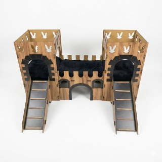 Modernes Kaninchenschloss mit Terrasse & Holzbrücke – 2-stöckiges großes Hasenhaus aus Sperrholz – Handgefertigte Kaninchenburg für bis zu 4 Kaninchen