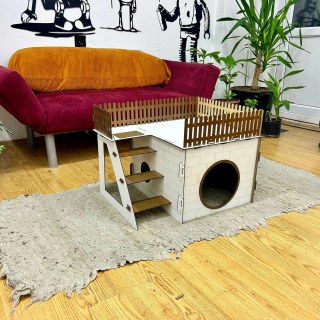 TERAS Ahşap Tavşan Evi büyük teraslı, sallanan kapılı, 1-2 tavşan veya chinchilla için doğal ve güvenli tasarım