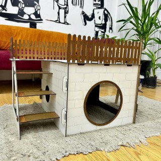 TERAS Ahşap Tavşan Evi, büyük teraslı ve sallanan kapılı, 1-2 tavşan veya chinchilla için doğal ve güvenli tasarım